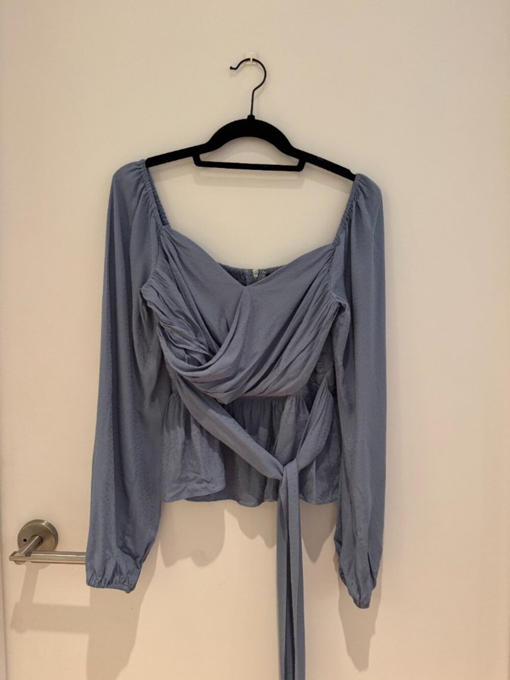BCBG Max Azria Dusty Blue Draped Sweetheart Wrap Tie Blouse XS